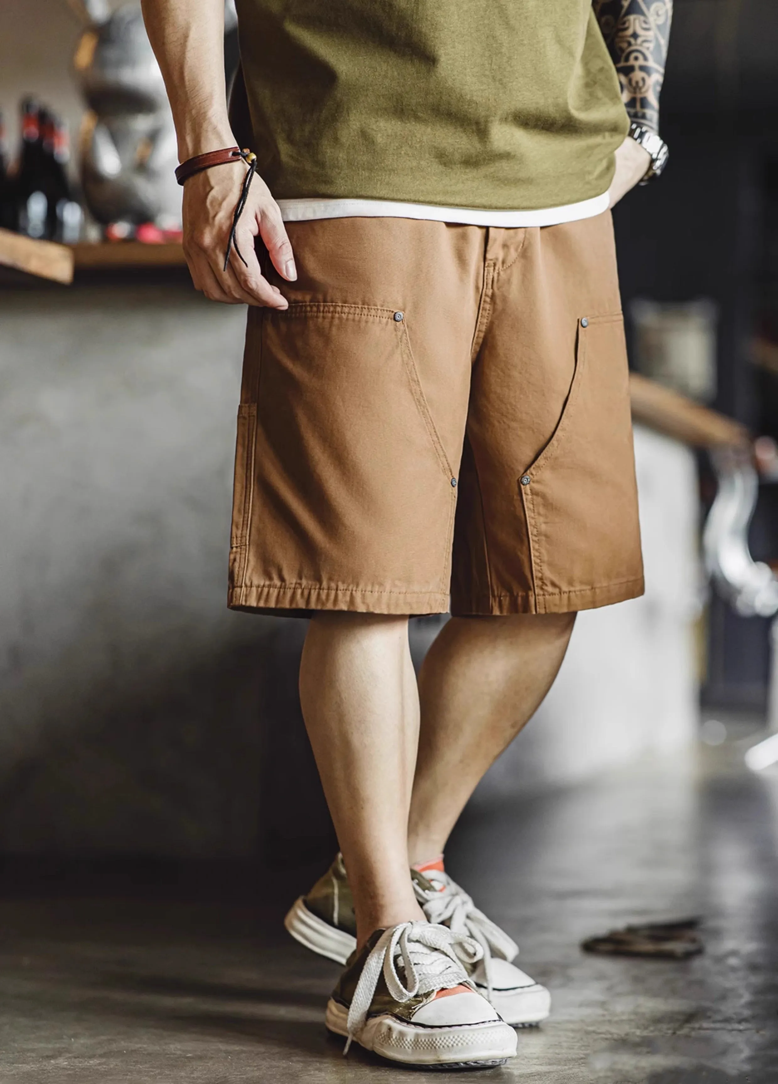 American Retro Double Knee Logging Elastic Waist Straight Men's Shorts