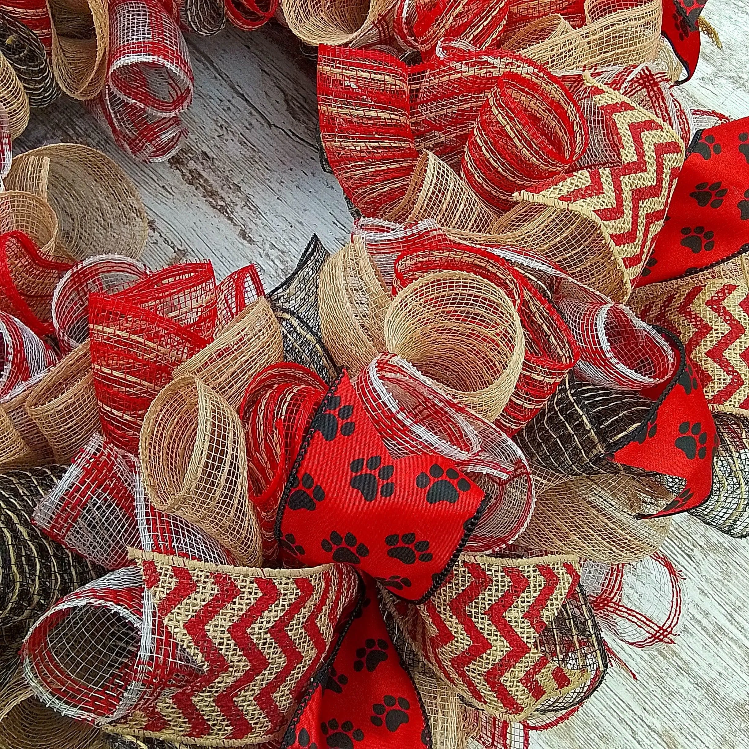 Animal Lover Wreath, Dog Paw Print Decor, Red Jute