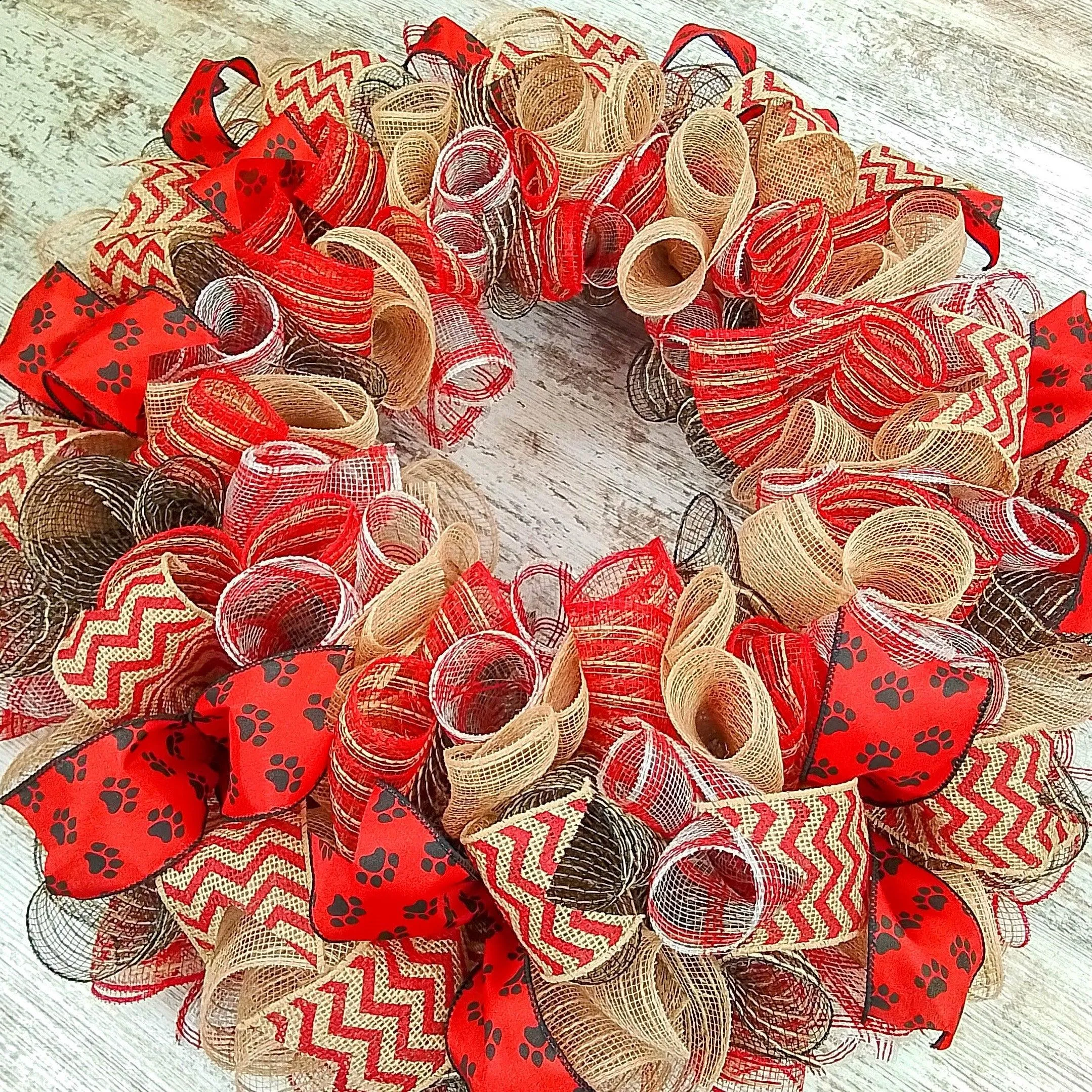 Animal Lover Wreath, Dog Paw Print Decor, Red Jute