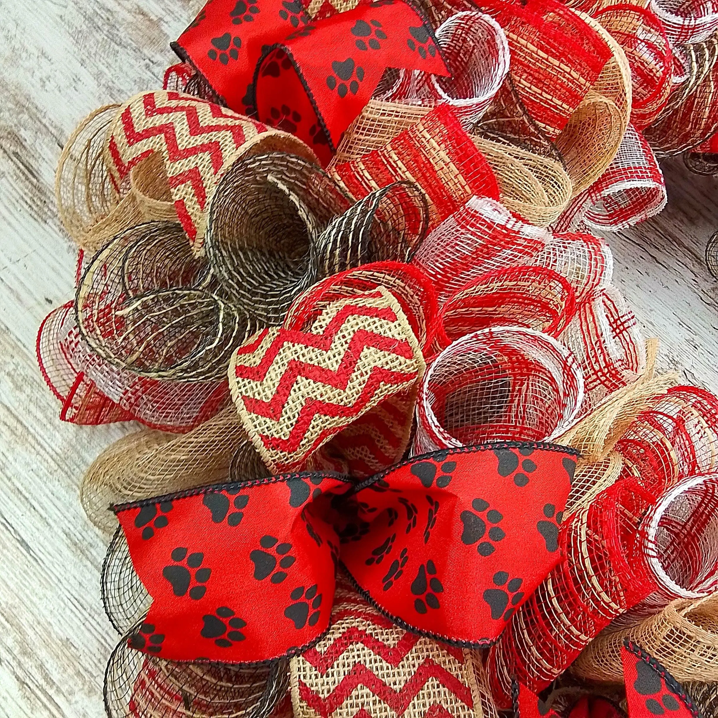 Animal Lover Wreath, Dog Paw Print Decor, Red Jute