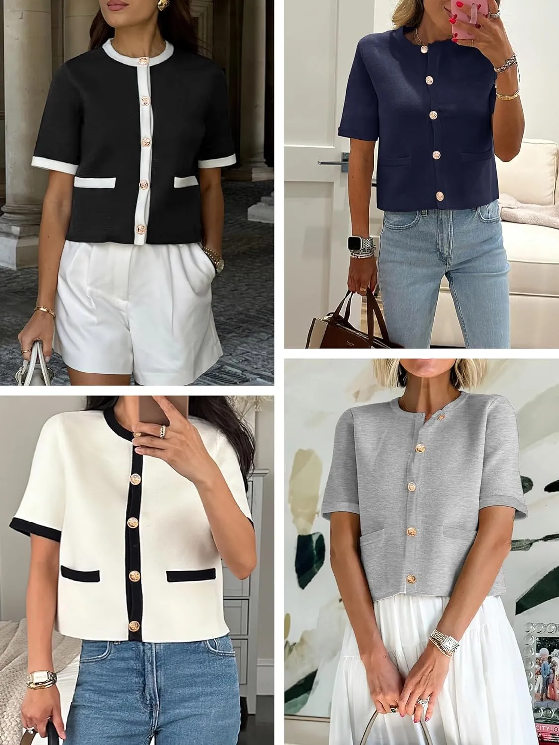 ANRABESS Women's Short Sleeve Cardigan Sweaters Summer Casual Crew Neck Knit Striped Button Down Cropped Dressy Blouses Tops