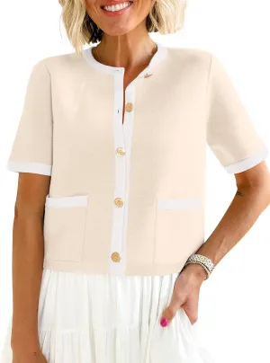 ANRABESS Women's Short Sleeve Cardigan Sweaters Summer Casual Crew Neck Knit Striped Button Down Cropped Dressy Blouses Tops
