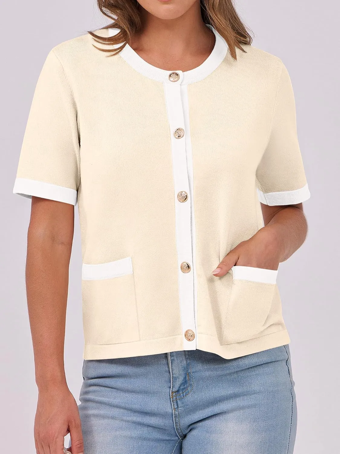 ANRABESS Women's Short Sleeve Cardigan Sweaters Summer Casual Crew Neck Knit Striped Button Down Cropped Dressy Blouses Tops