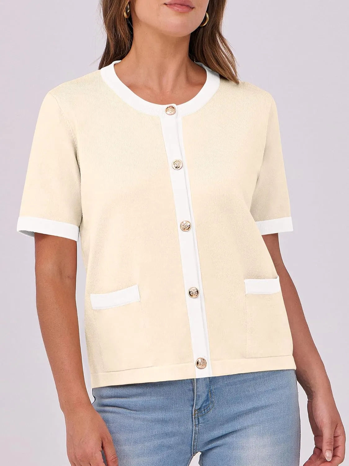 ANRABESS Women's Short Sleeve Cardigan Sweaters Summer Casual Crew Neck Knit Striped Button Down Cropped Dressy Blouses Tops