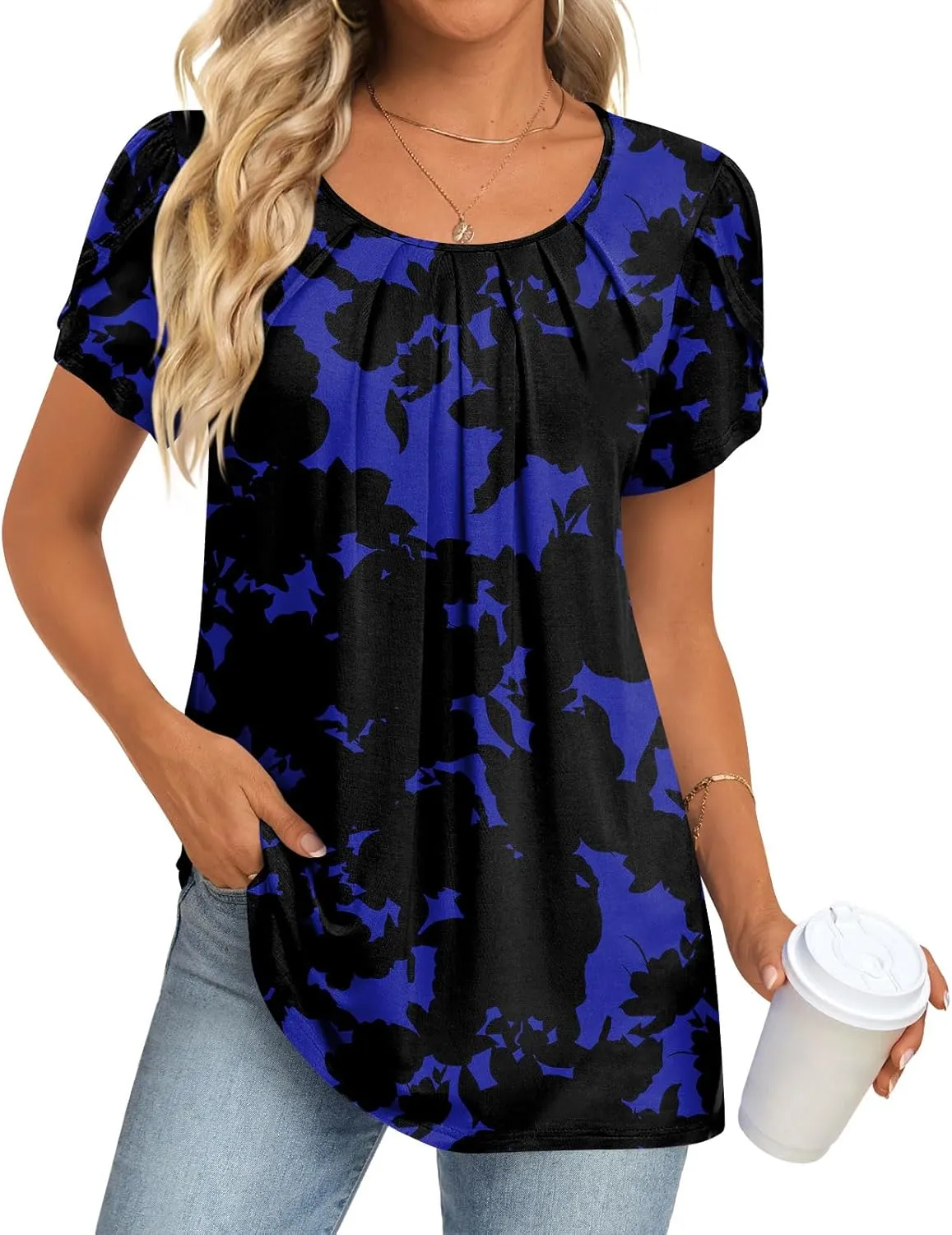 Anymeet Womens Tops 2025 Spring Summer Tunic Short Sleeve Casual Shirts Pleated Blouses for Leggings M-3XL