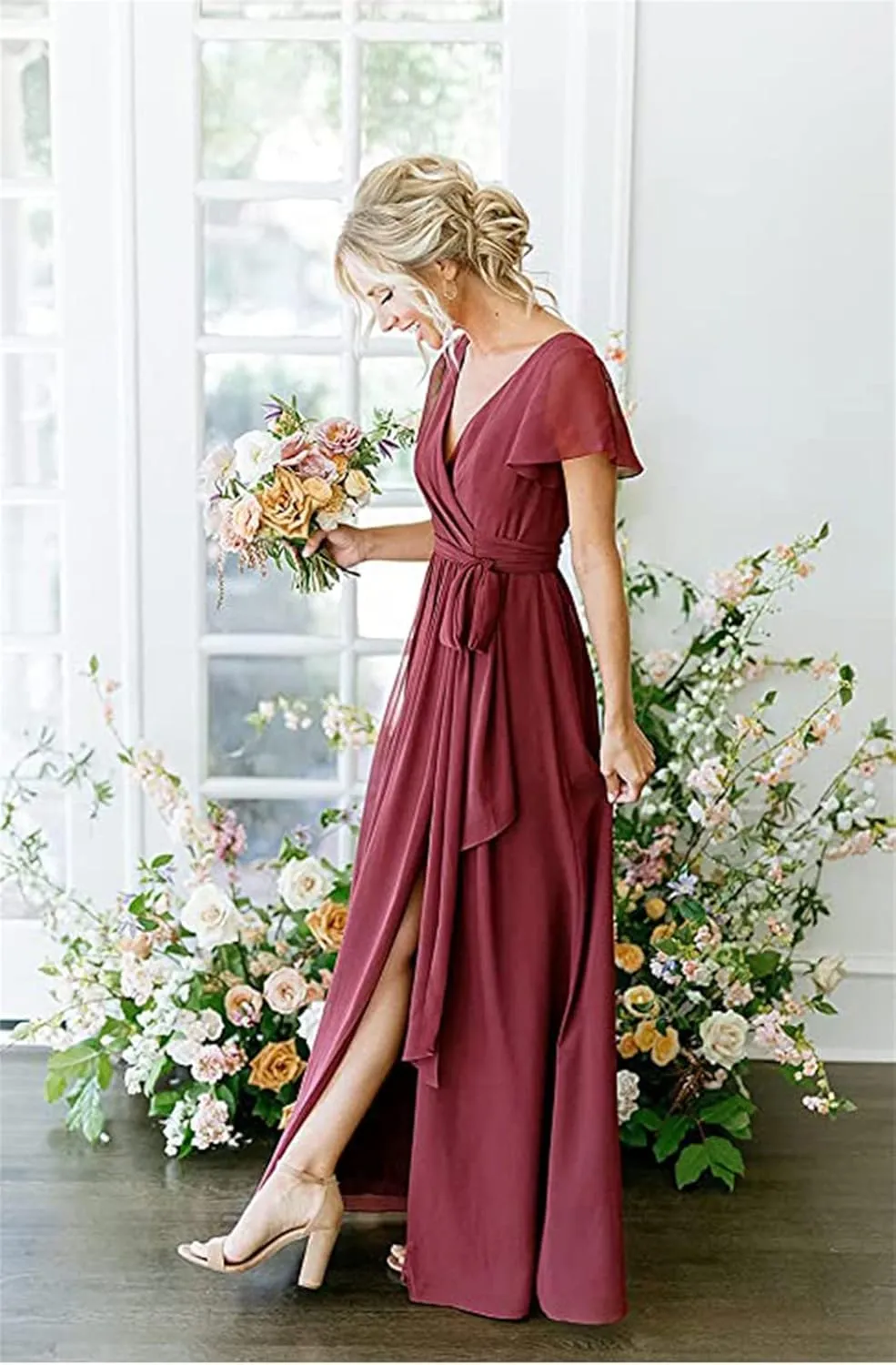 Aoruisen Long Bridesmaid Dresses with Sleeves V Neck Slit Chiffon Formal Party Evening Gown with Pockets