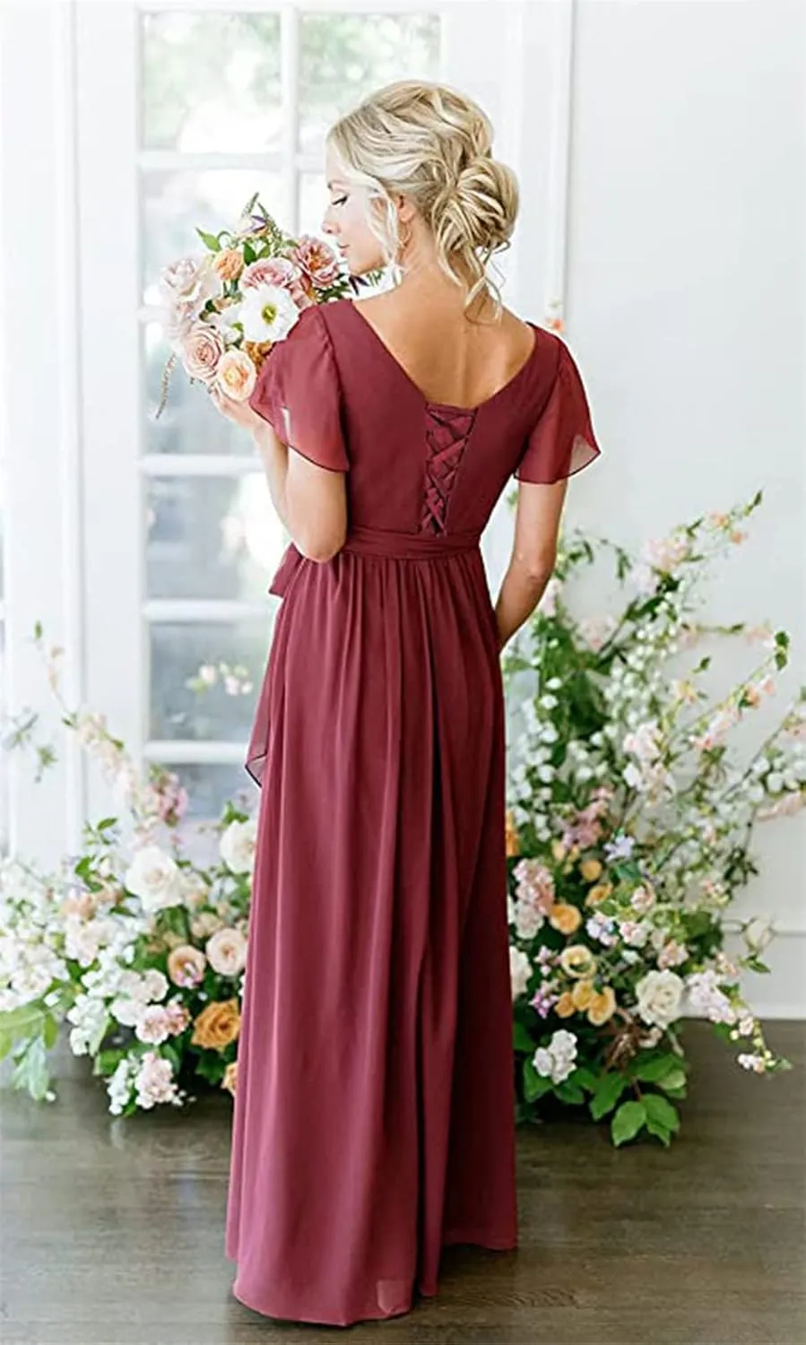 Aoruisen Long Bridesmaid Dresses with Sleeves V Neck Slit Chiffon Formal Party Evening Gown with Pockets