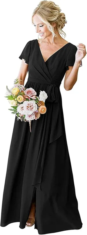 Aoruisen Long Bridesmaid Dresses with Sleeves V Neck Slit Chiffon Formal Party Evening Gown with Pockets