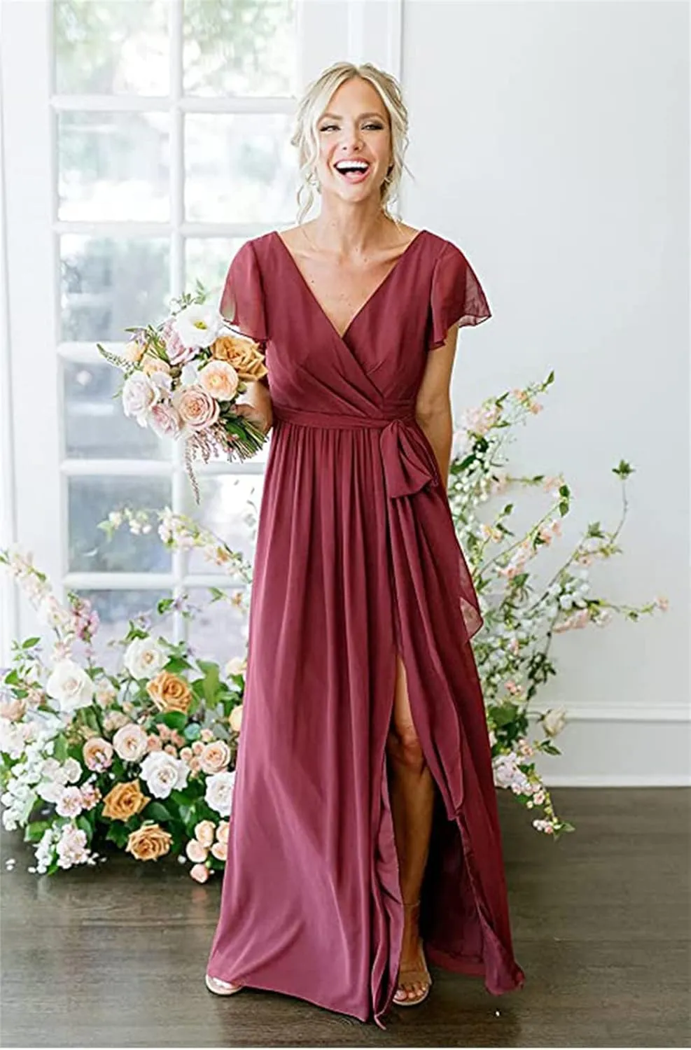 Aoruisen Long Bridesmaid Dresses with Sleeves V Neck Slit Chiffon Formal Party Evening Gown with Pockets