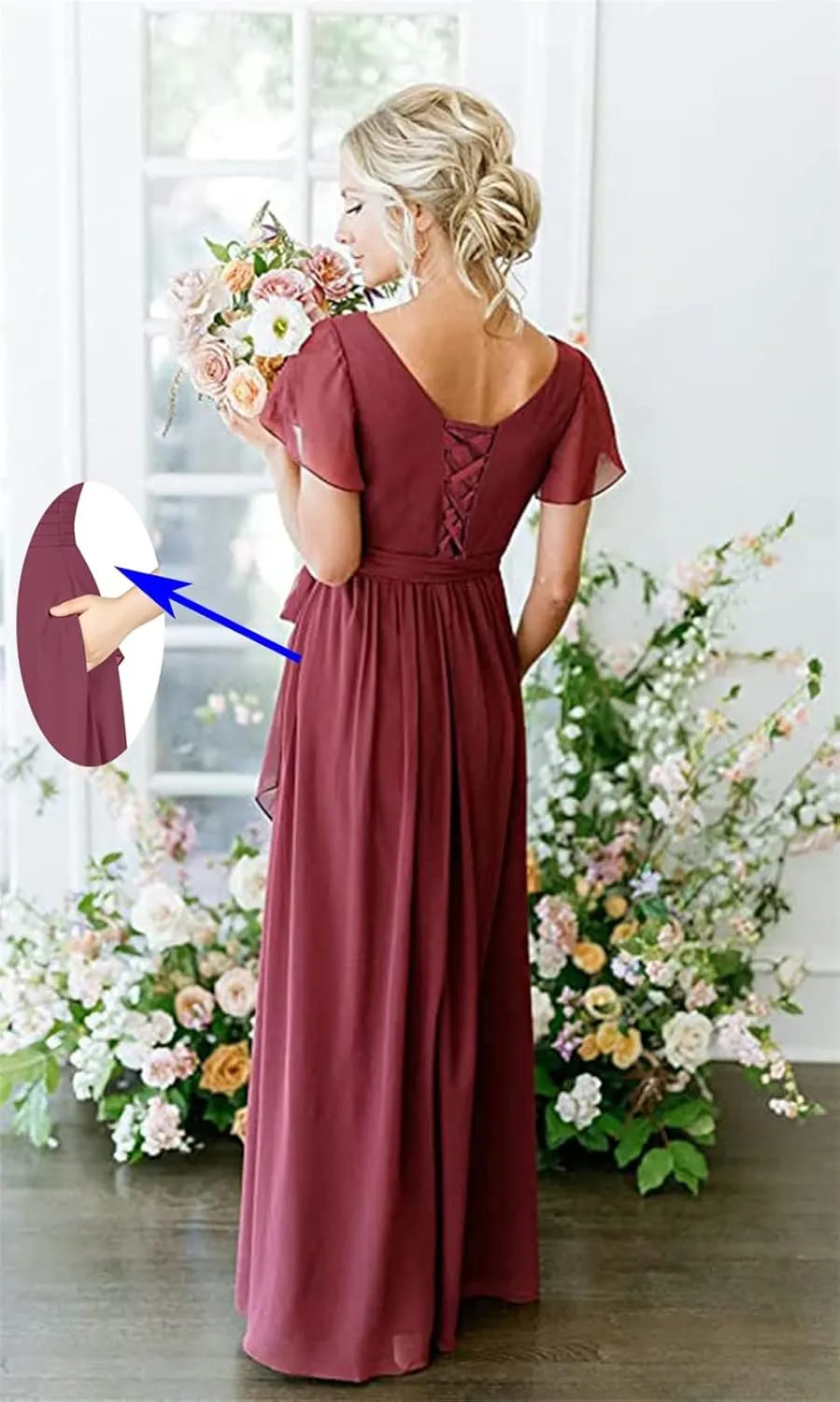 Aoruisen Long Bridesmaid Dresses with Sleeves V Neck Slit Chiffon Formal Party Evening Gown with Pockets