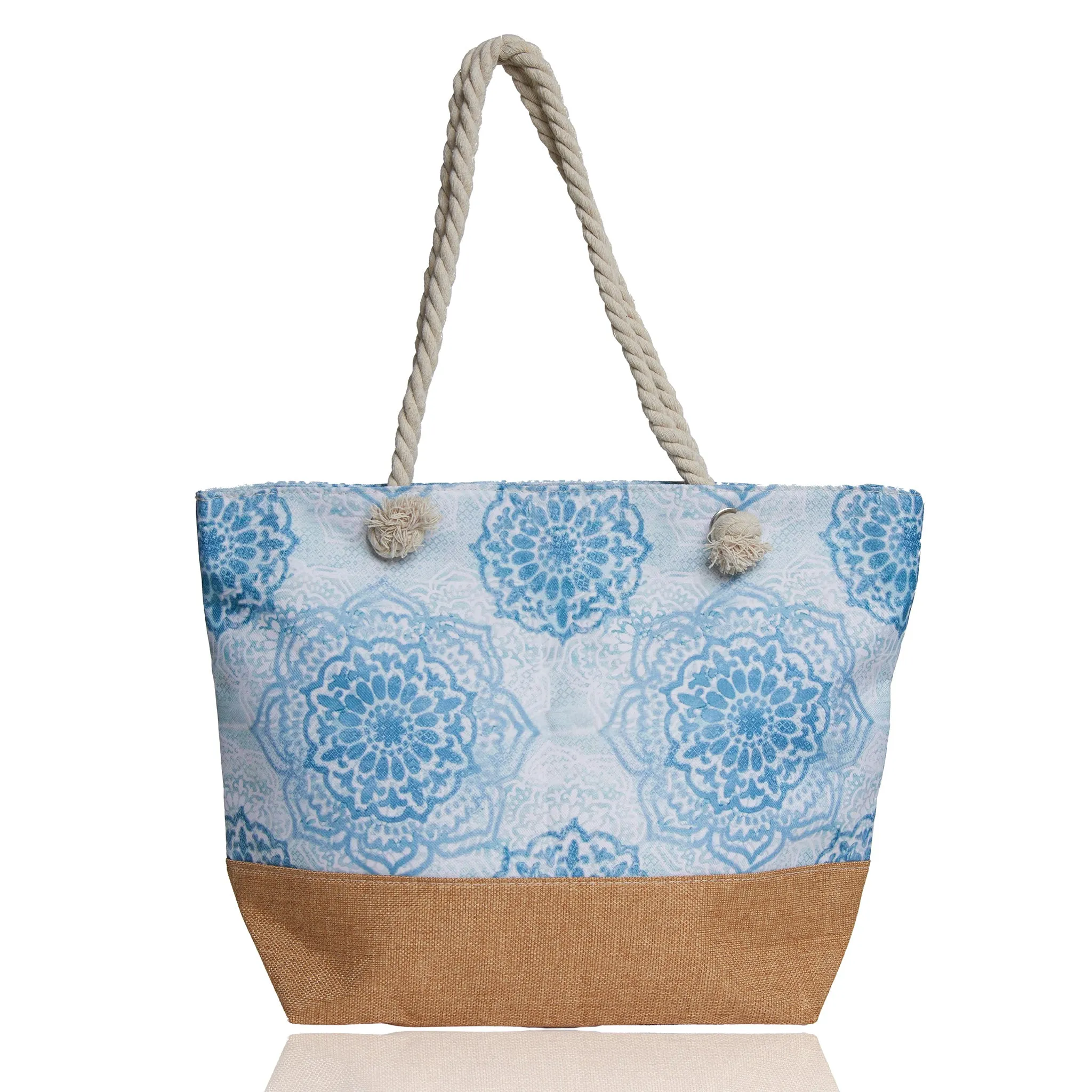 Barbados Blue Mandala Canvas Beach Tote Bag