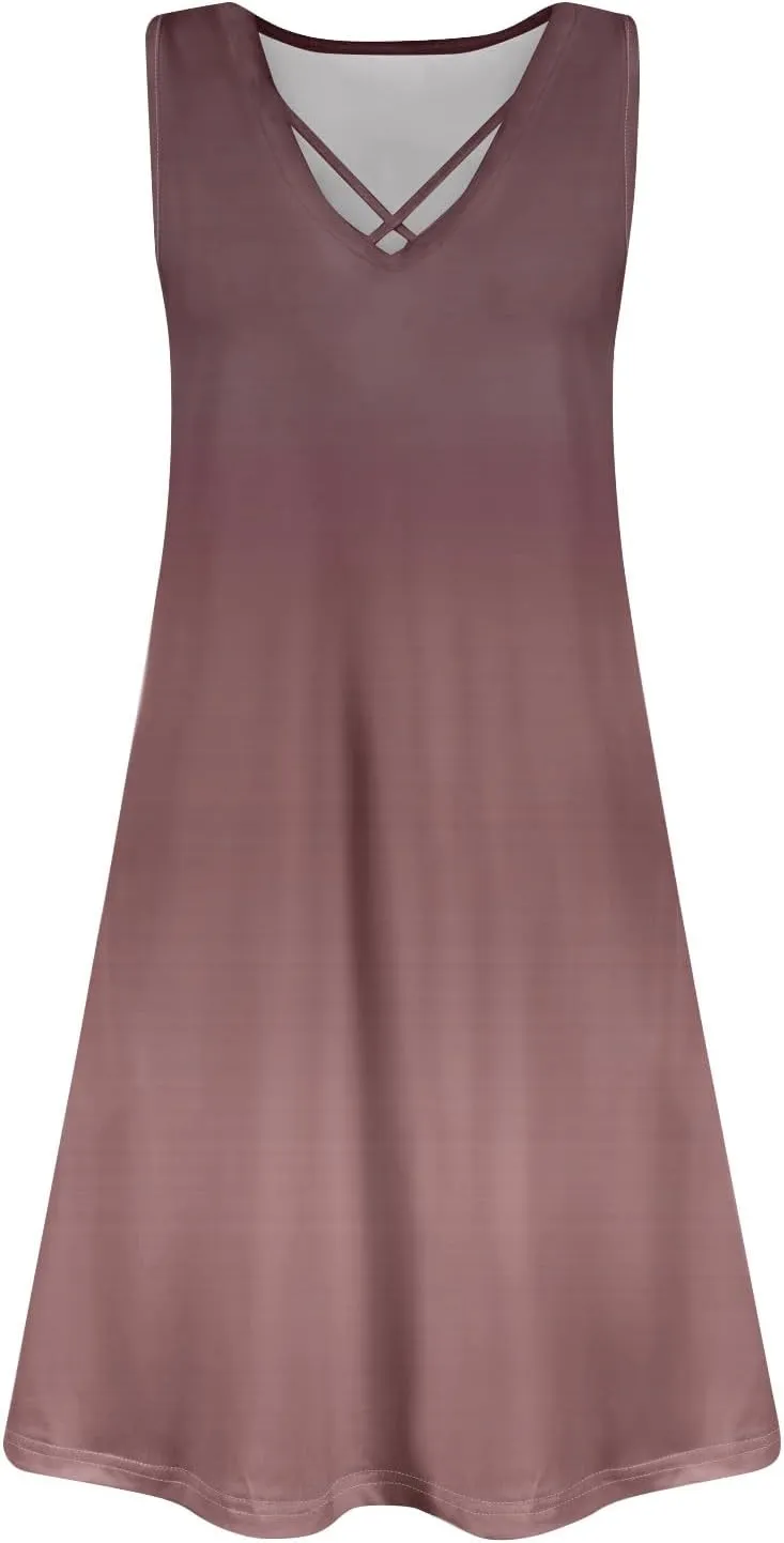 Beach Vacation Dresses Sleeveless V Neck Gradient Boho Vintage Flowy Tank Mini Dress 2025 Summer, S-3XL