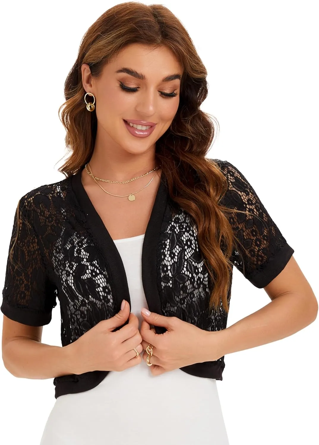 BENANCY Women's Short Sleeve Floral Lace Cardigans Open Front Bolero Shrugs