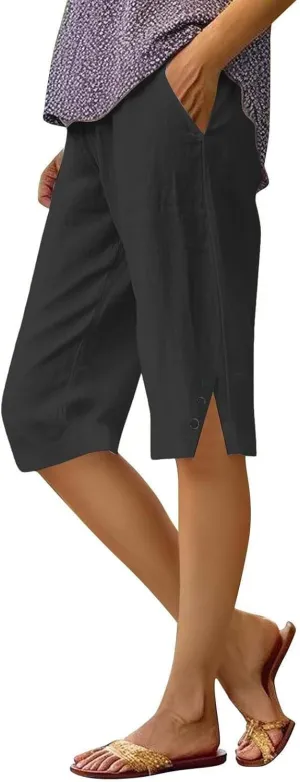 Bermuda Shorts for Women Knee Length Elastic Waist Long Wide Leg Linen Shorts Comfy Beach Capri Pants with Pockets