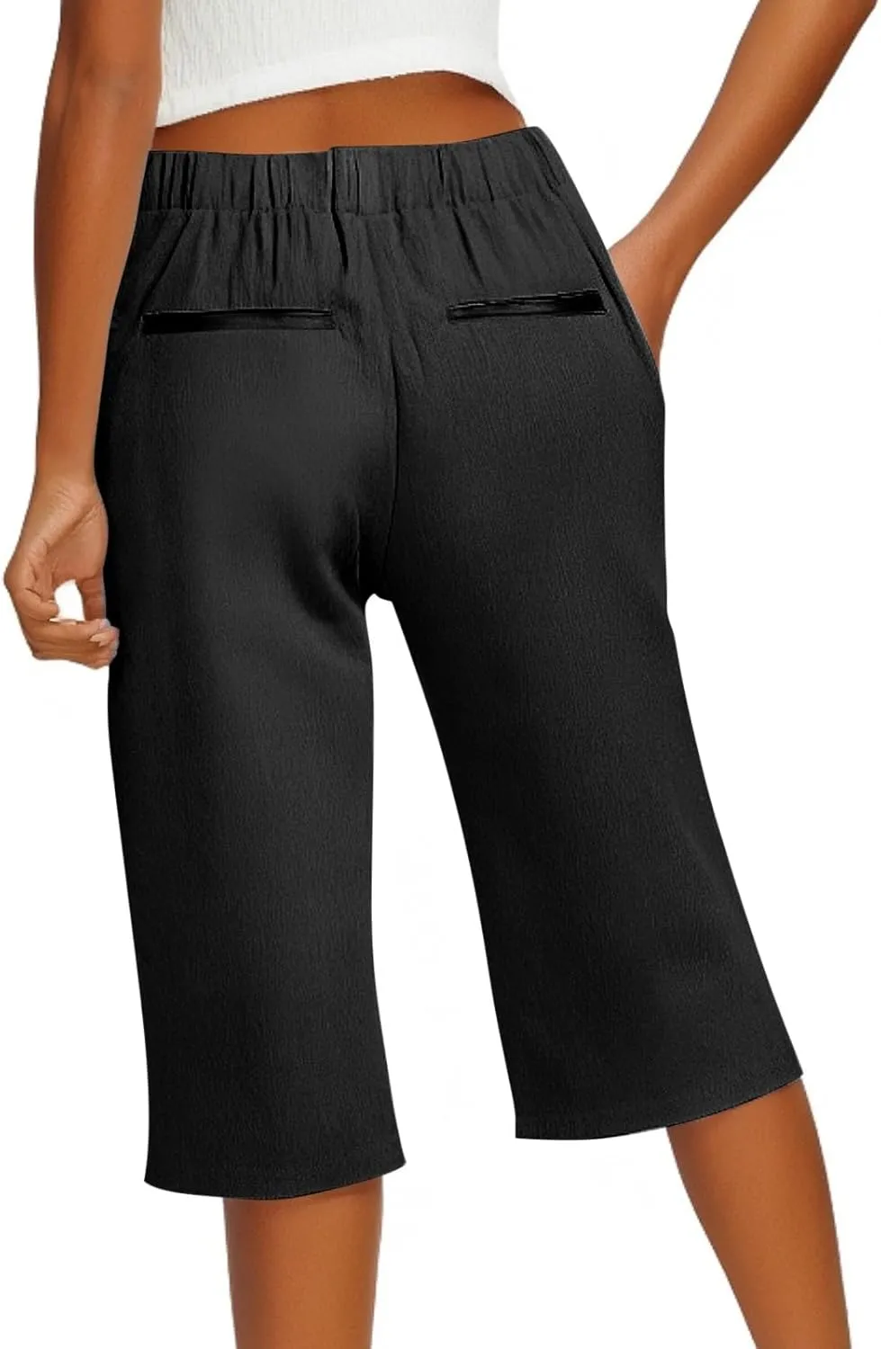 Bermuda Shorts for Women Knee Length Elastic Waist Long Wide Leg Linen Shorts Comfy Beach Capri Pants with Pockets