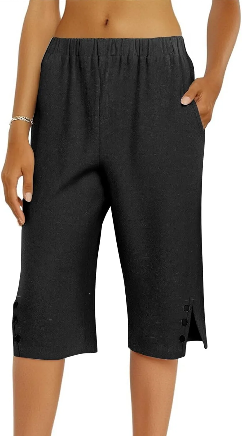 Bermuda Shorts for Women Knee Length Elastic Waist Long Wide Leg Linen Shorts Comfy Beach Capri Pants with Pockets