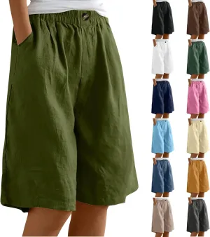 Bermuda Shorts for Women Summer Elastic Waist Long Beach Linen Shorts Comfy Wide Leg Trouser Short with Pockets