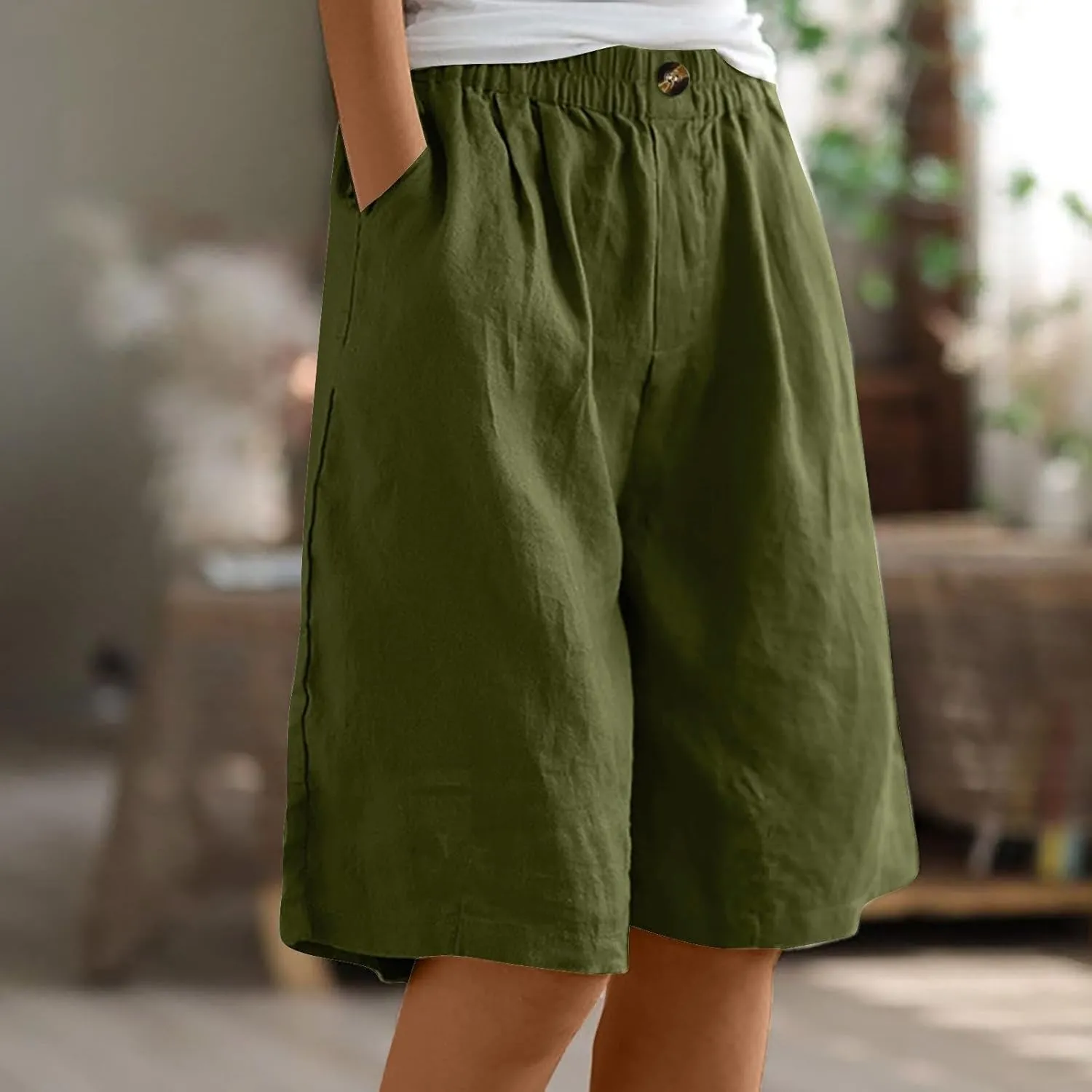 Bermuda Shorts for Women Summer Elastic Waist Long Beach Linen Shorts Comfy Wide Leg Trouser Short with Pockets