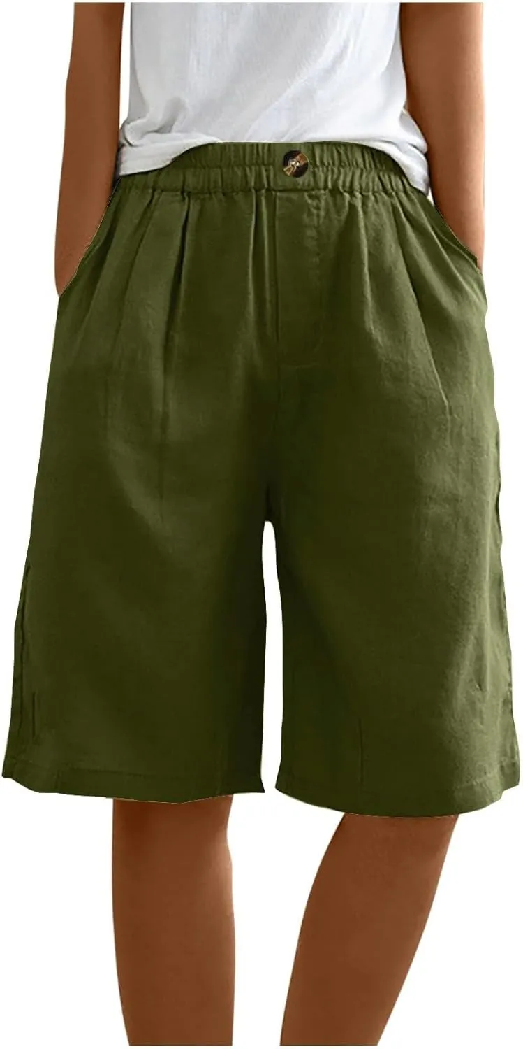 Bermuda Shorts for Women Summer Elastic Waist Long Beach Linen Shorts Comfy Wide Leg Trouser Short with Pockets