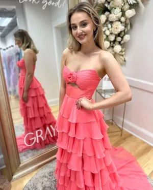 BITALY 3D Flower Ruffles Prom Dresses for Women Chiffon Tiered 2025 Strapless Formal Evening Dress with Slit BI177