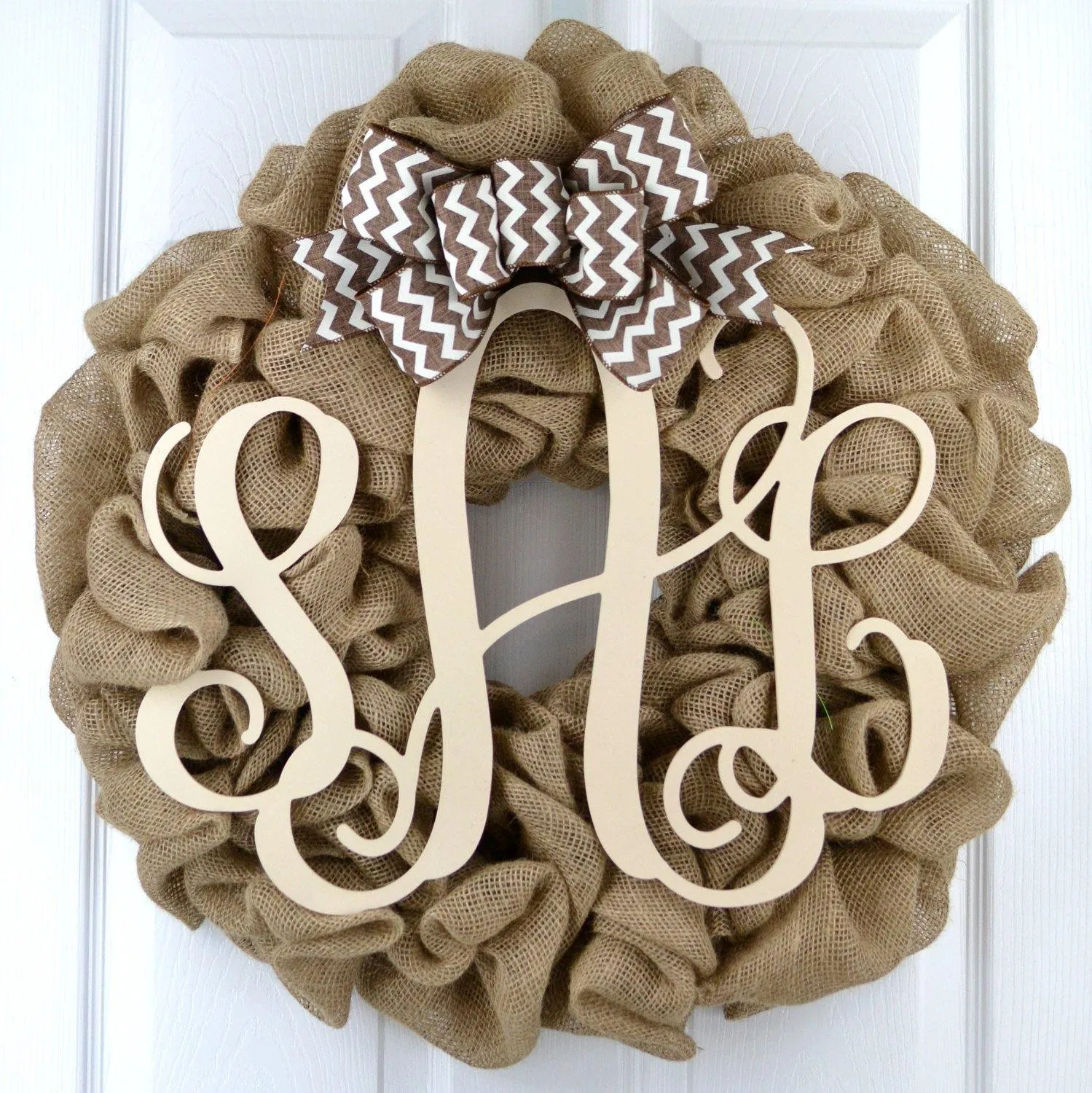 Black Burlap Monogram Door Wreath with Chevron Bow | LOTS of colors!