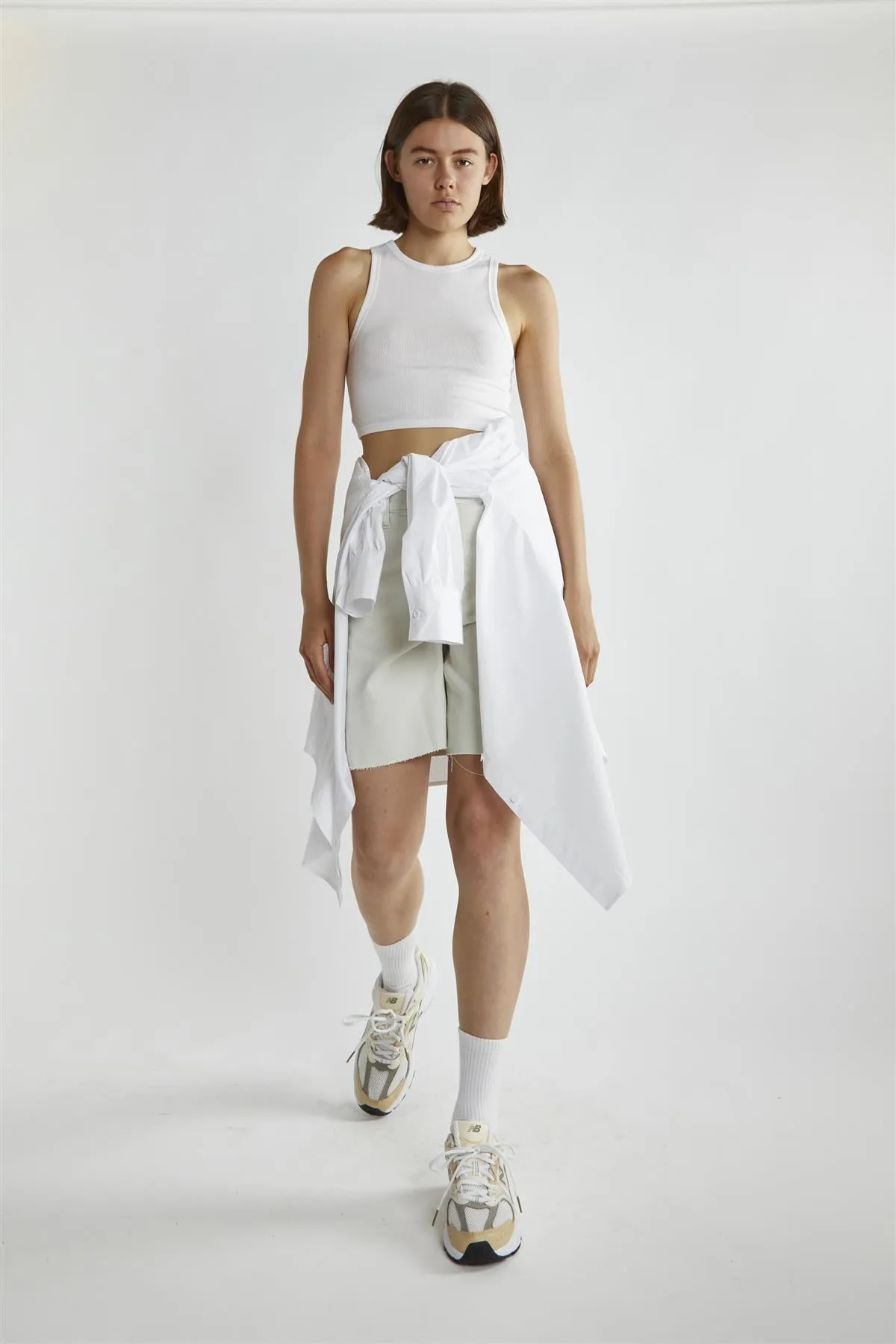 Bleach-White Denim Cut-Off Long Shorts