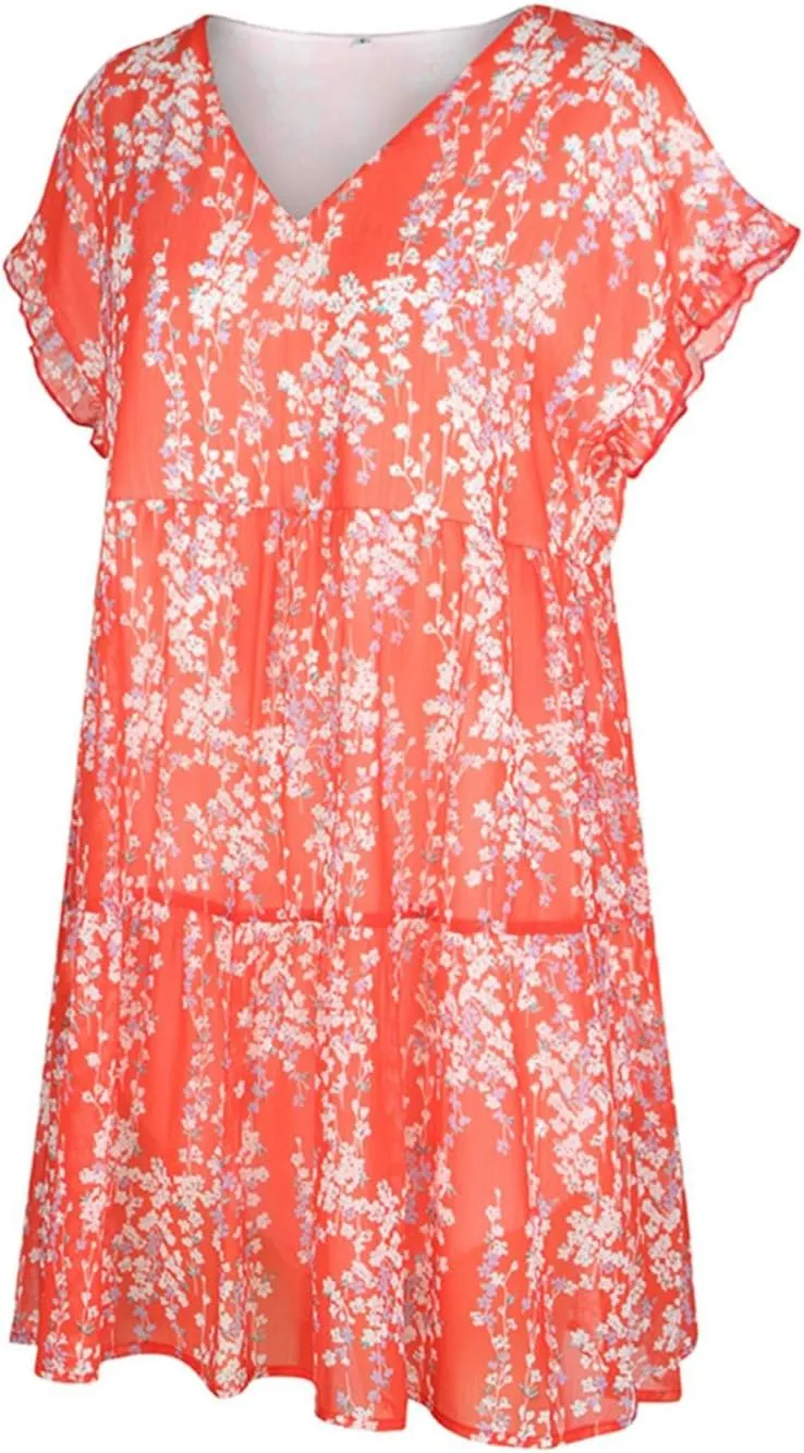 Boho Beach Dresses for Women Cute Floral V Neck Ruffle Sleeve Tiered Mini Dress Gift Boho Swimsuit Coverup for Women