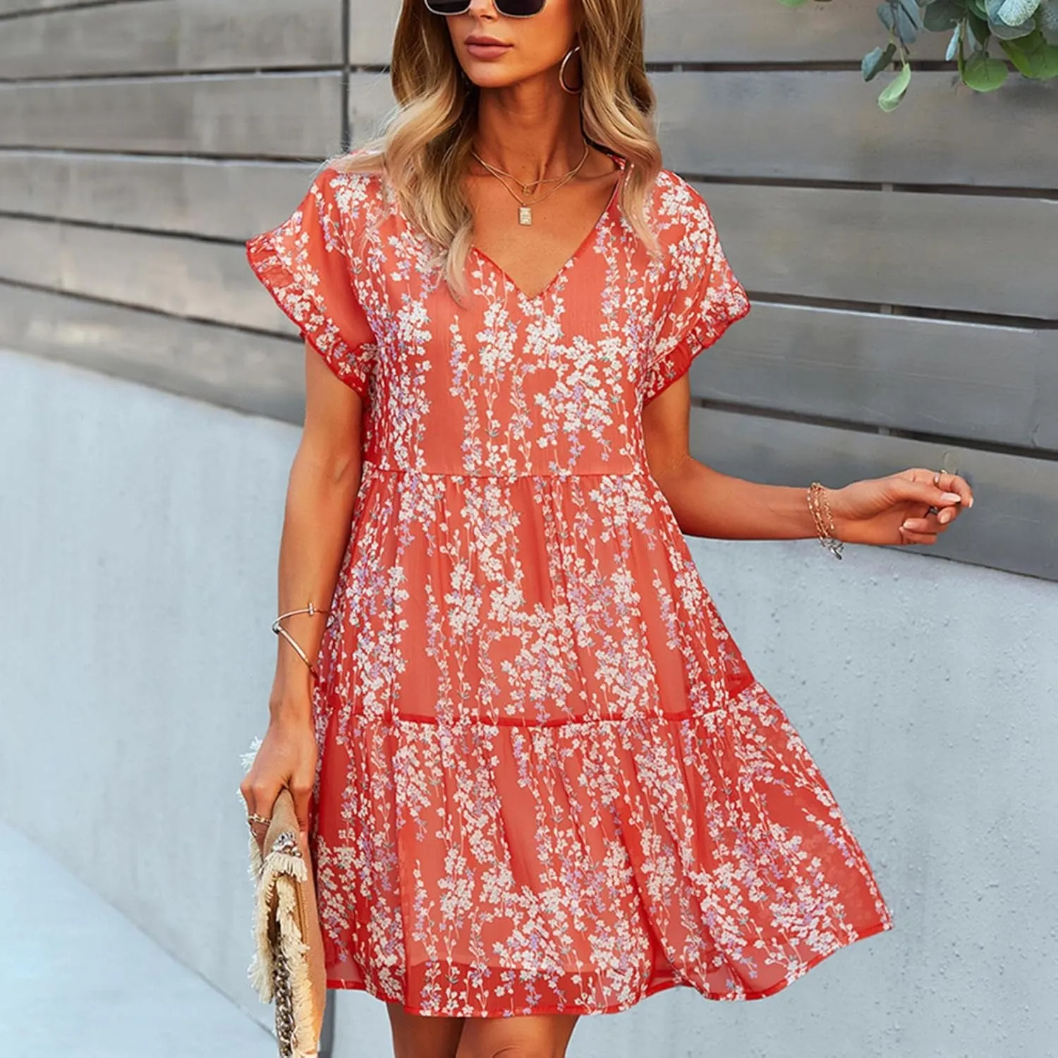 Boho Beach Dresses for Women Cute Floral V Neck Ruffle Sleeve Tiered Mini Dress Gift Boho Swimsuit Coverup for Women
