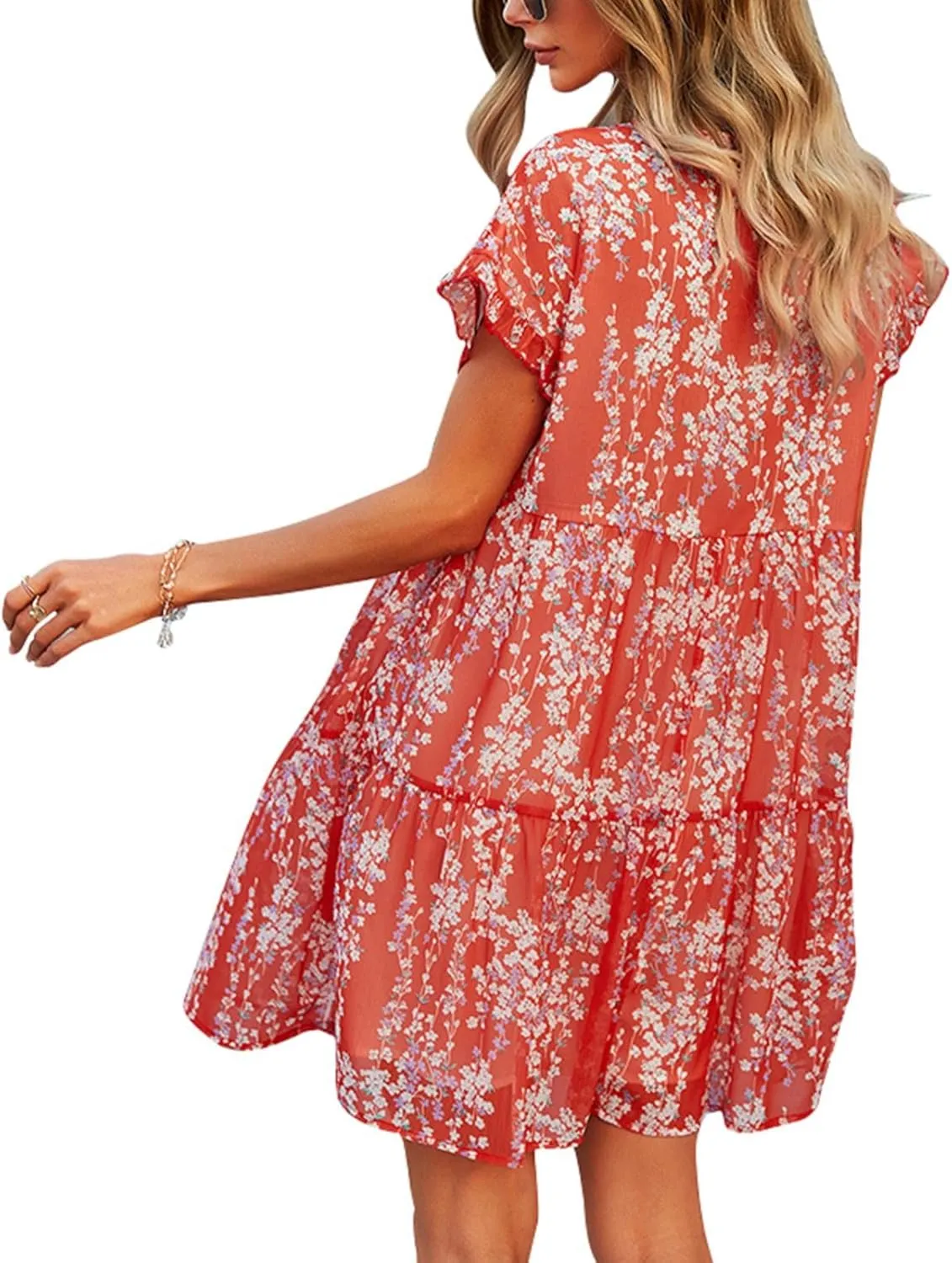 Boho Beach Dresses for Women Cute Floral V Neck Ruffle Sleeve Tiered Mini Dress Gift Boho Swimsuit Coverup for Women