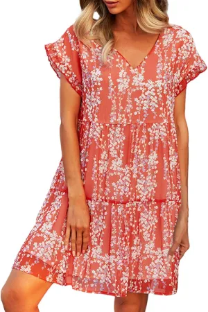 Boho Beach Dresses for Women Cute Floral V Neck Ruffle Sleeve Tiered Mini Dress Gift Boho Swimsuit Coverup for Women