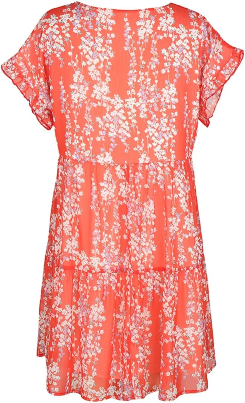 Boho Beach Dresses for Women Cute Floral V Neck Ruffle Sleeve Tiered Mini Dress Gift Boho Swimsuit Coverup for Women