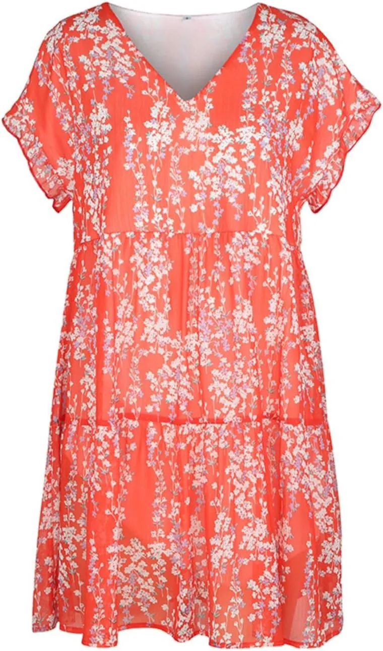 Boho Beach Dresses for Women Cute Floral V Neck Ruffle Sleeve Tiered Mini Dress Gift Boho Swimsuit Coverup for Women