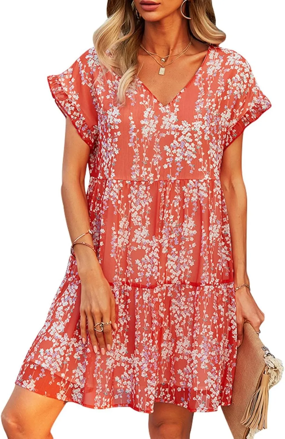 Boho Beach Dresses for Women Cute Floral V Neck Ruffle Sleeve Tiered Mini Dress Gift Boho Swimsuit Coverup for Women