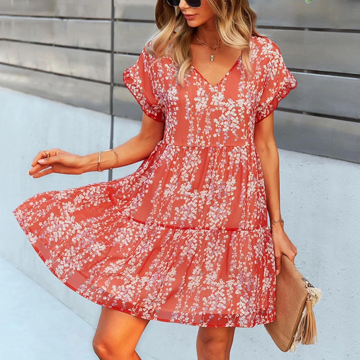 Boho Beach Dresses for Women Cute Floral V Neck Ruffle Sleeve Tiered Mini Dress Gift Boho Swimsuit Coverup for Women