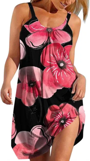 Boho Dress for Women Winter Sexy Dresses for Women Plus Size Sundresses for Women Women's Sexy Sleeveless Dresses Loose Swing Tank Dresses Seaside Midi Sundress
