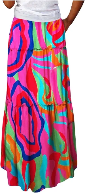 Boho Skirt for Women Elastic High Waist Pleated A-Line Flowy Swing Tiered Maxi Long Skirt Dress with Pockets