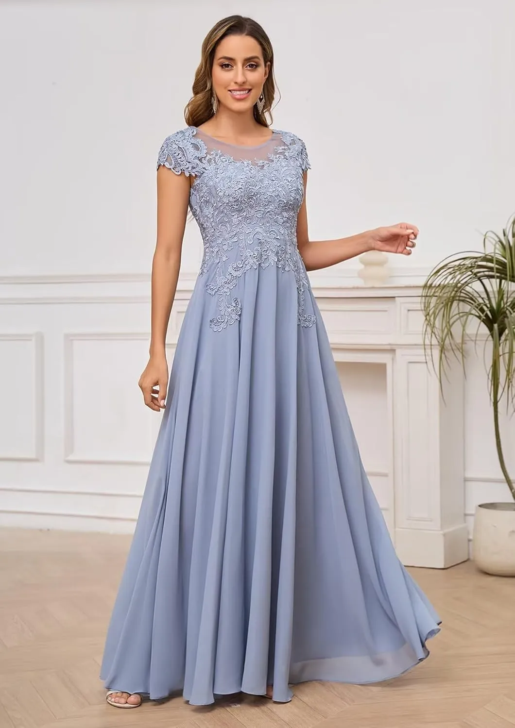 BONOYUER Lace Applique Mother of The Bride Dresses for Women Chiffon Formal Wedding Guest Dress with Pockets