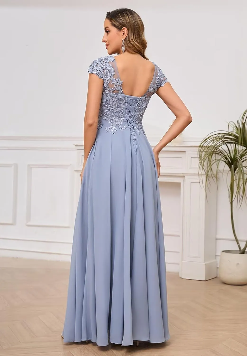 BONOYUER Lace Applique Mother of The Bride Dresses for Women Chiffon Formal Wedding Guest Dress with Pockets