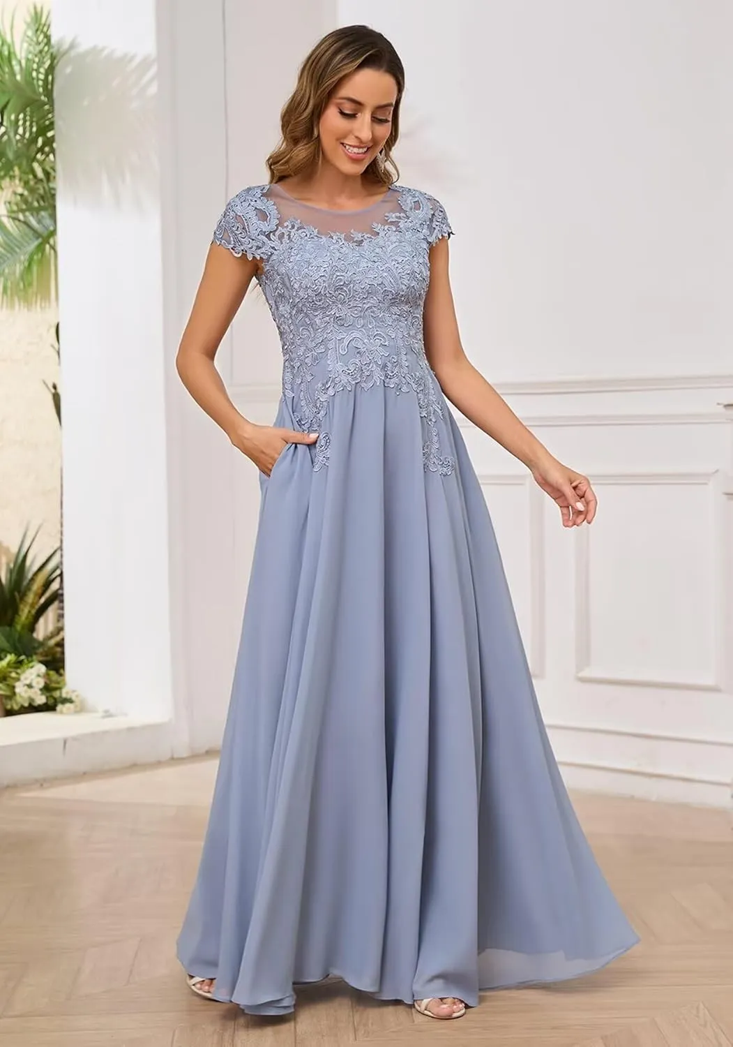 BONOYUER Lace Applique Mother of The Bride Dresses for Women Chiffon Formal Wedding Guest Dress with Pockets