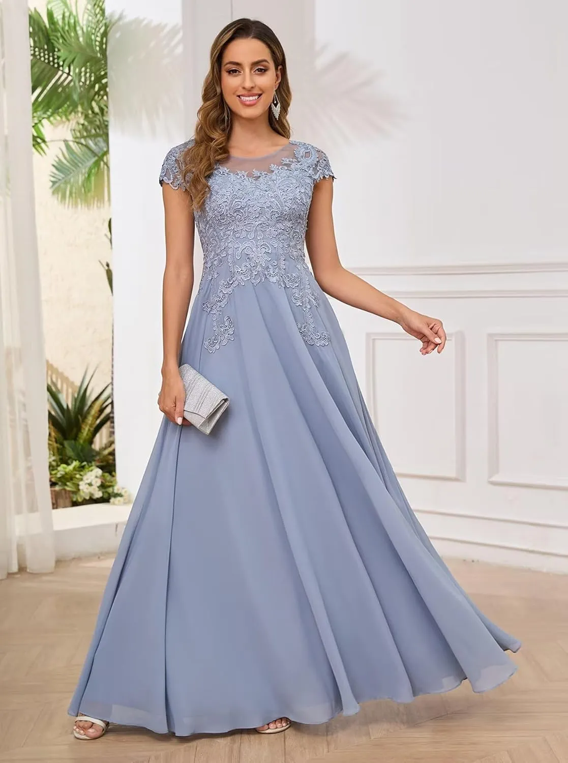 BONOYUER Lace Applique Mother of The Bride Dresses for Women Chiffon Formal Wedding Guest Dress with Pockets