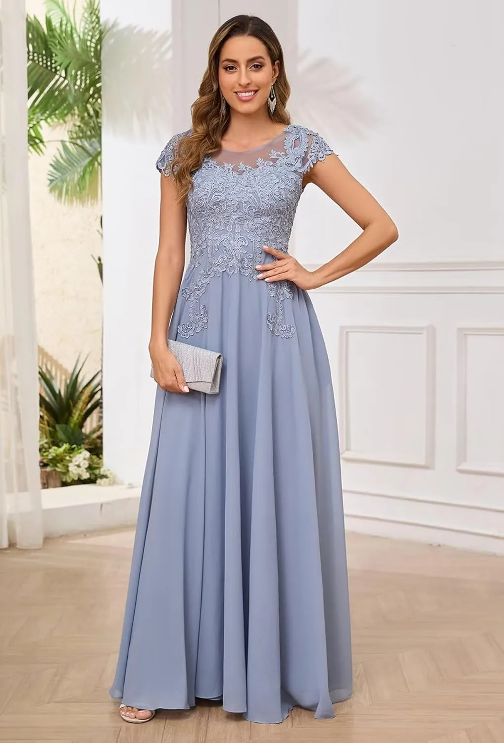 BONOYUER Lace Applique Mother of The Bride Dresses for Women Chiffon Formal Wedding Guest Dress with Pockets