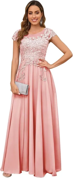 BONOYUER Lace Applique Mother of The Bride Dresses for Women Chiffon Formal Wedding Guest Dress with Pockets