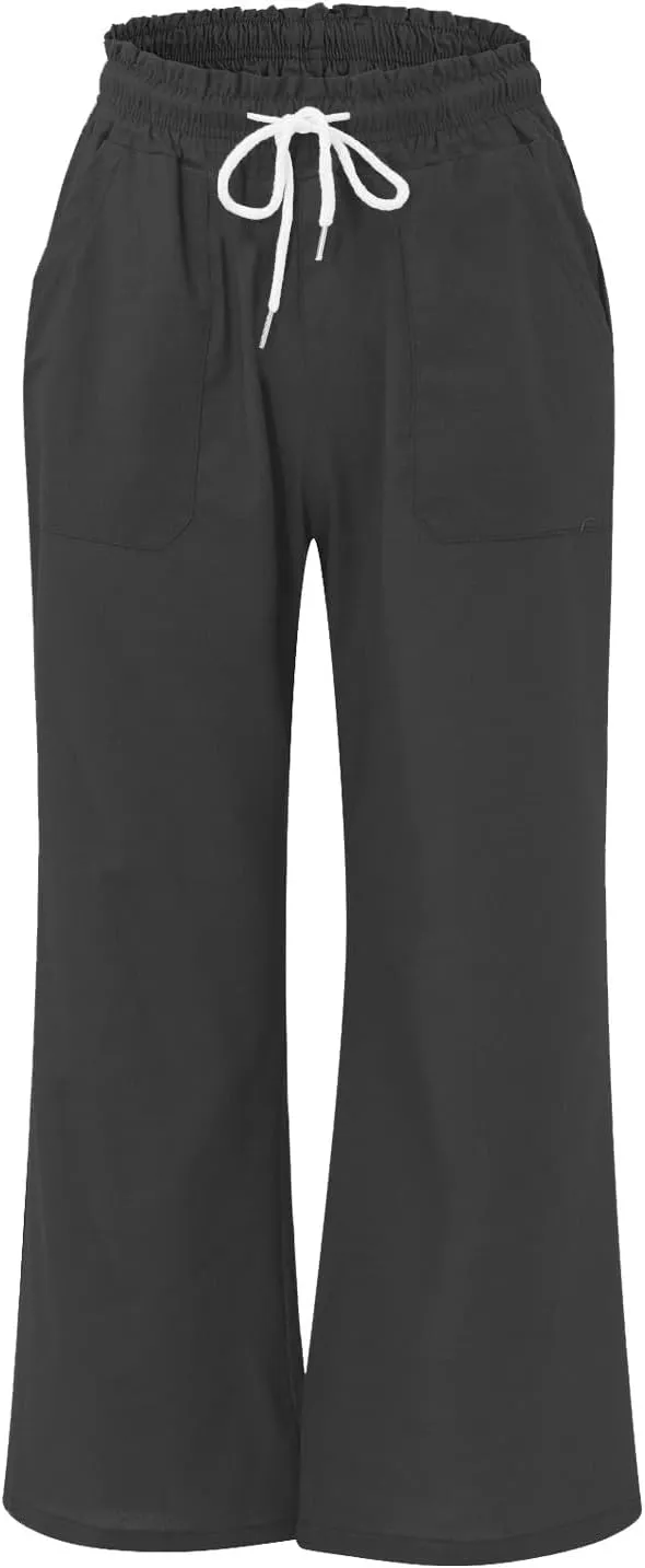 Bootcut Linen Pants Women Elastic Drawstring Low Waisted Lounge Pants with Pockets Casual Relaxed Fit Vacation Trousers