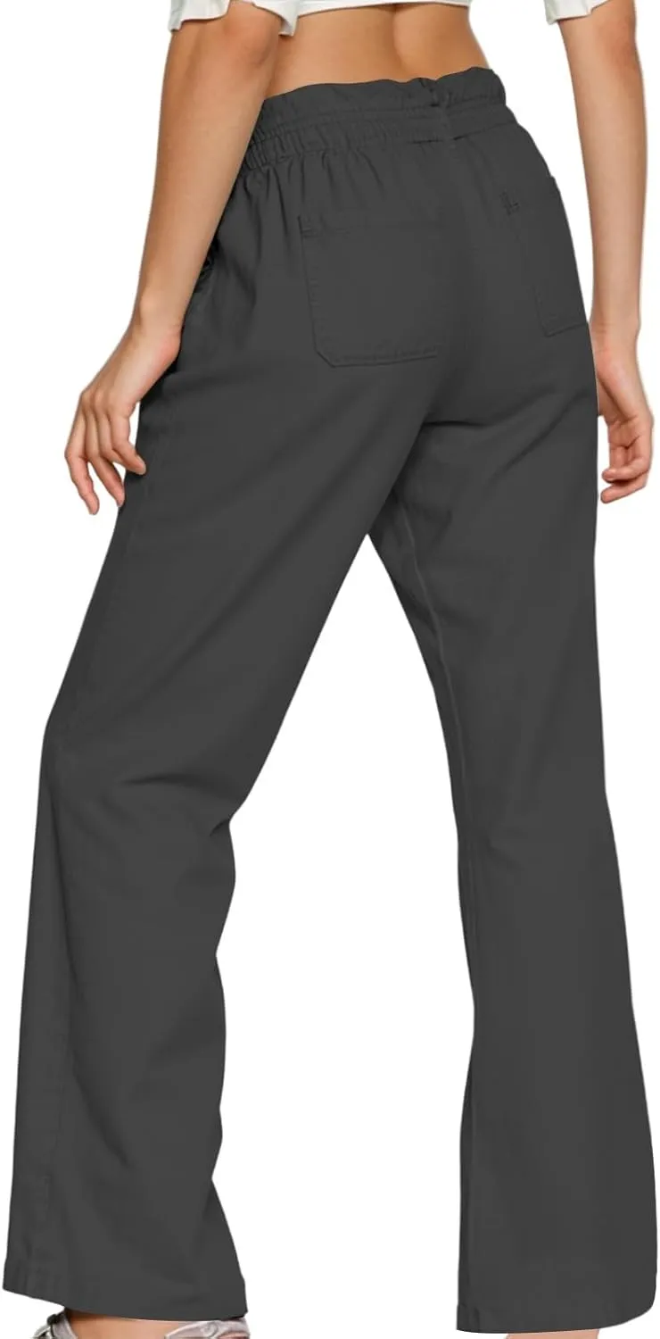 Bootcut Linen Pants Women Elastic Drawstring Low Waisted Lounge Pants with Pockets Casual Relaxed Fit Vacation Trousers
