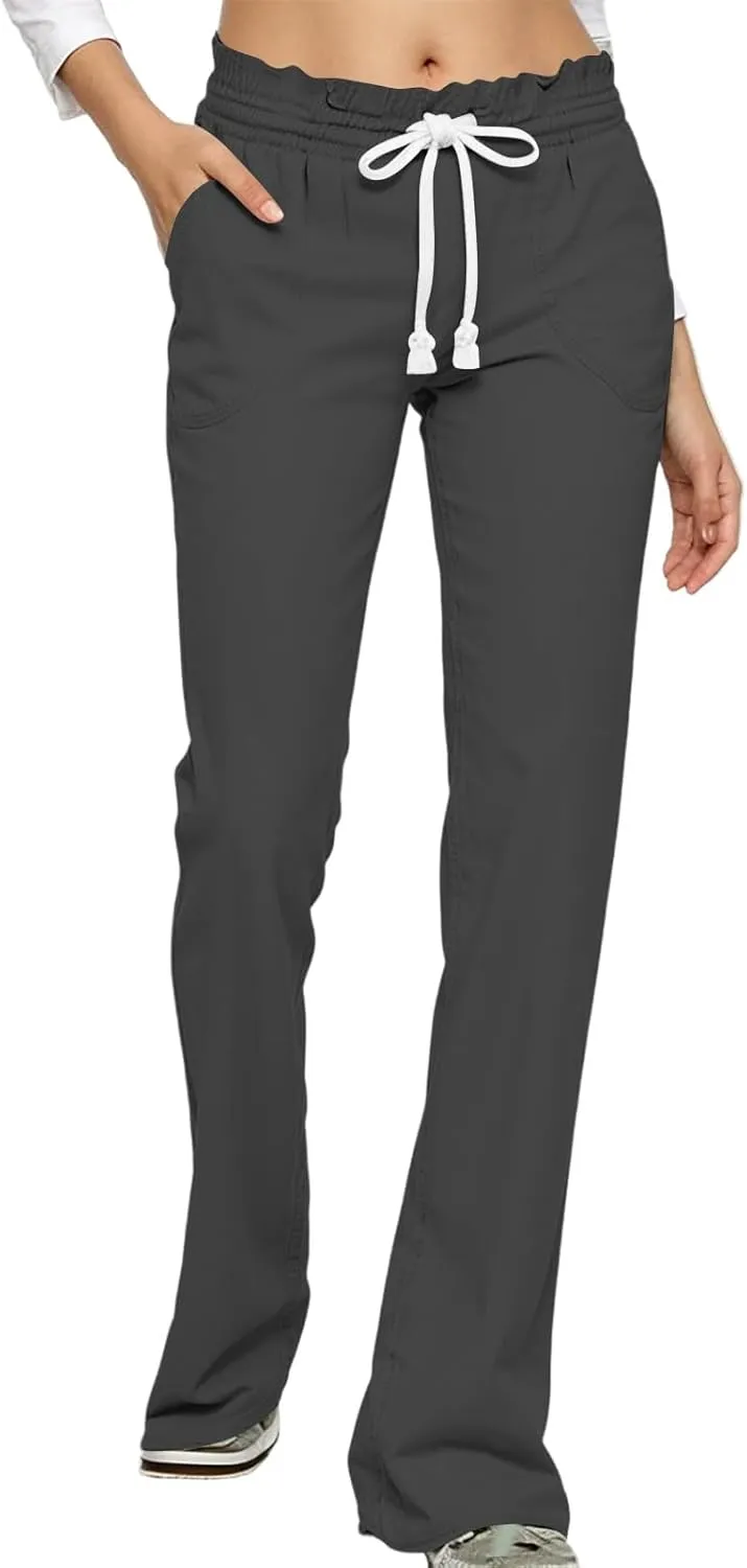 Bootcut Linen Pants Women Elastic Drawstring Low Waisted Lounge Pants with Pockets Casual Relaxed Fit Vacation Trousers