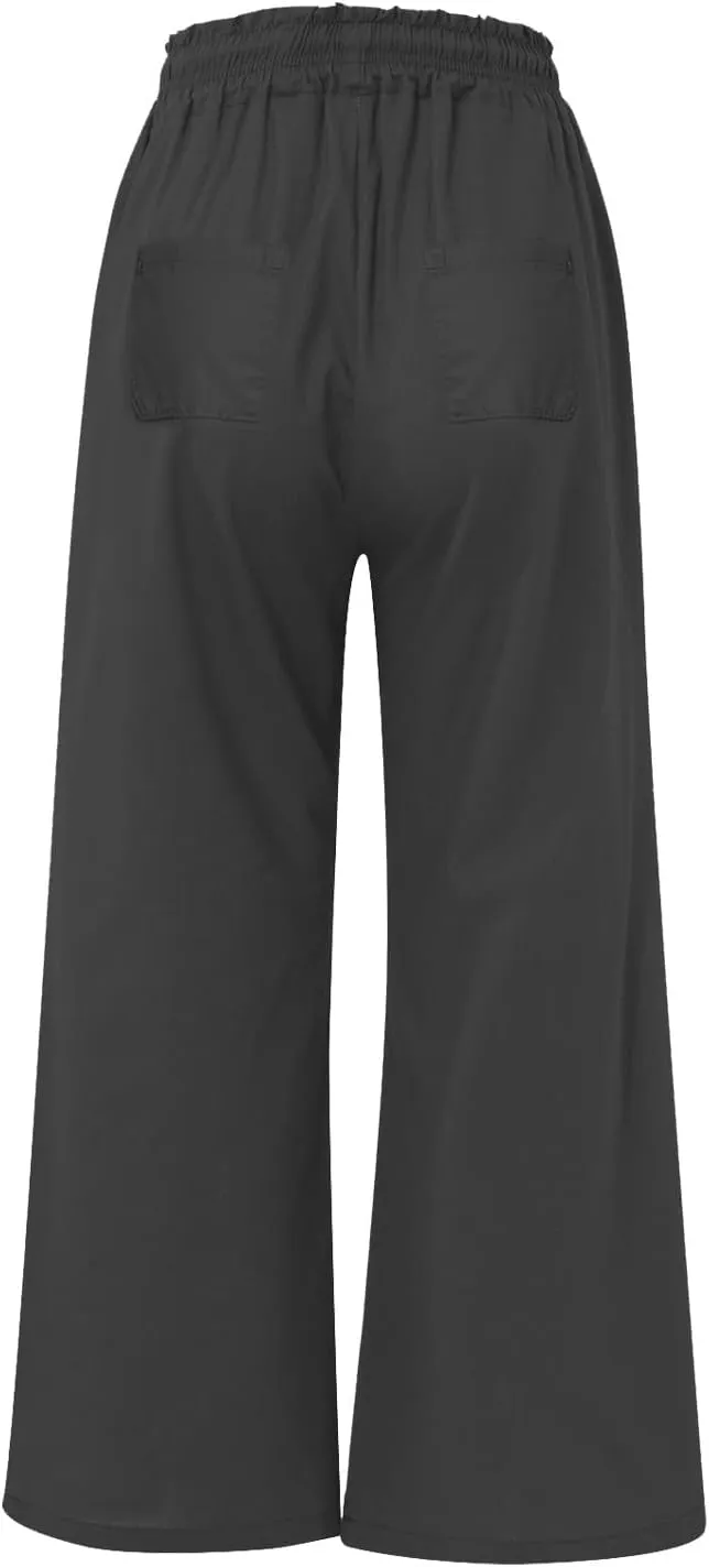 Bootcut Linen Pants Women Elastic Drawstring Low Waisted Lounge Pants with Pockets Casual Relaxed Fit Vacation Trousers
