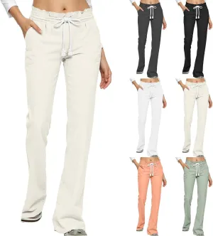 Bootcut Linen Pants Women Elastic Drawstring Low Waisted Lounge Pants with Pockets Casual Relaxed Fit Vacation Trousers