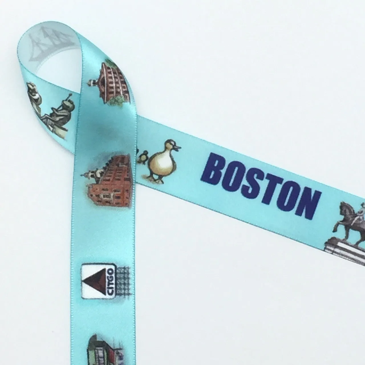 Boston Landmark Ribbon, Light Blue background on 7/8" White Single Face Satin