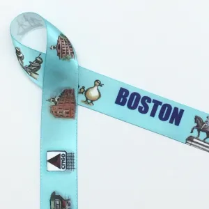 Boston Landmark Ribbon, Light Blue background on 7/8" White Single Face Satin