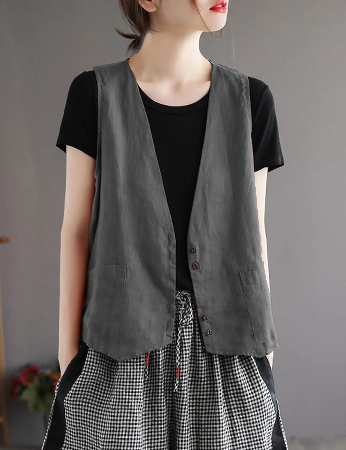 Bozanly Women's Sleeveless Button Down Vest Casual V Neck Cotton Linen Blazer Jacket with Pockets